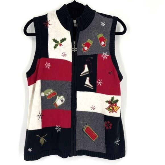 Breckenridge Women's Zip Up Christmas Sweater Vest patchwork poinsettia Size M - Picture 1 of 10